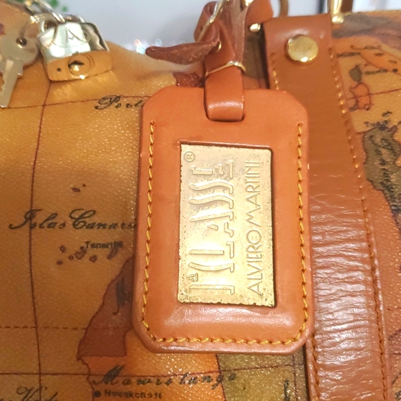 🇮🇹RAREALVIERO Martini Large Boston/speedy World Map Print Leather Duffel Bag🤎 - Picture 6 of 17